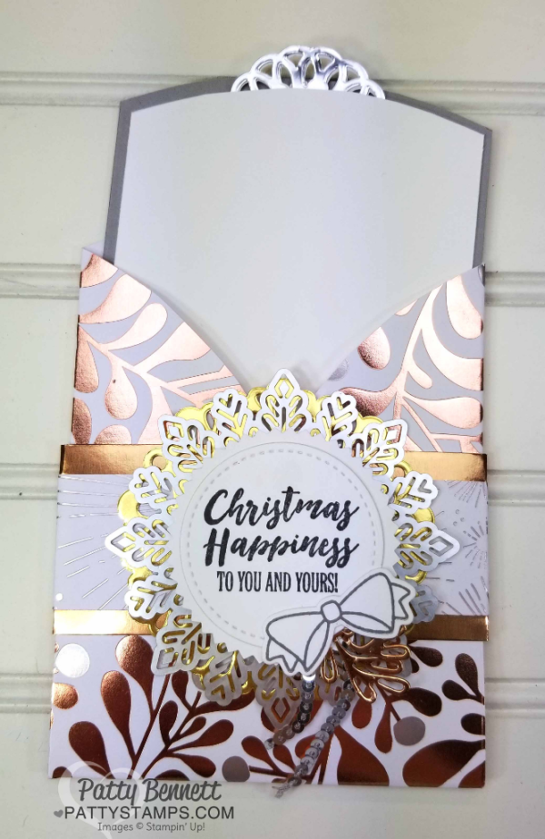 Metallic Year of Cheer Stampin' Up! Christmas Card idea featuring metallic foil doilies and snowflakes, mini sequin trim and fun trifold pocket card design.