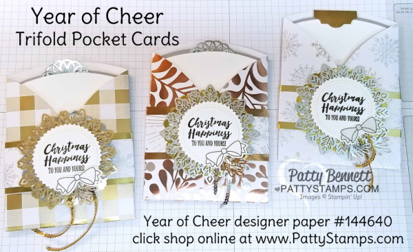 Metallic Year of Cheer Stampin' Up! Christmas Card idea featuring metallic foil doilies and snowflakes, mini sequin trim and fun trifold pocket card design.