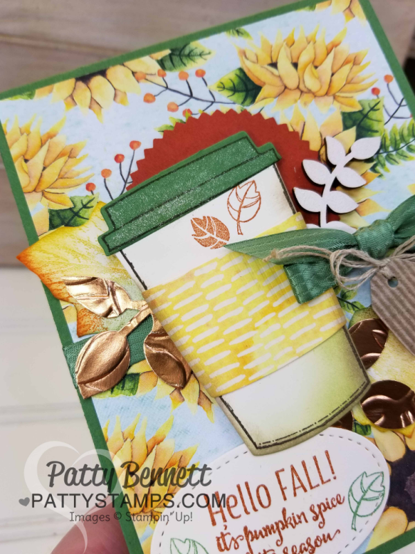 Merry Cafe stamp set fall coffee cup card featuring Stampin' Up! Holiday Catalog Painted Autumn paper and lots of fun crafting embellishment accessories.