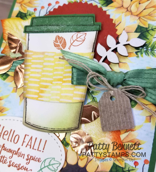 Merry Cafe stamp set fall coffee cup card featuring Stampin' Up! Holiday Catalog Painted Autumn paper and lots of fun crafting embellishment accessories.