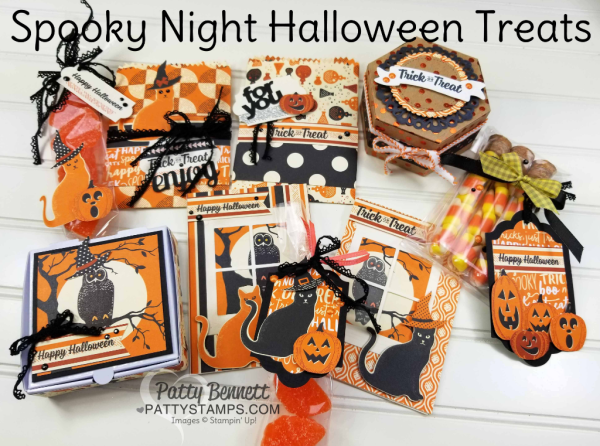 Halloween trick or treat ideas featuring Stampin' UP! Spooky Night paper, Spooky cat stamp set and punch, mini pizza boxes and treat bags by Patty Bennett