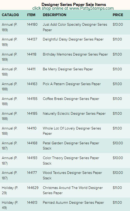 Designer Series Paper Sale buy 3 get 1 free Stampin Up! sale  click shop online at www.PattyStamps.com