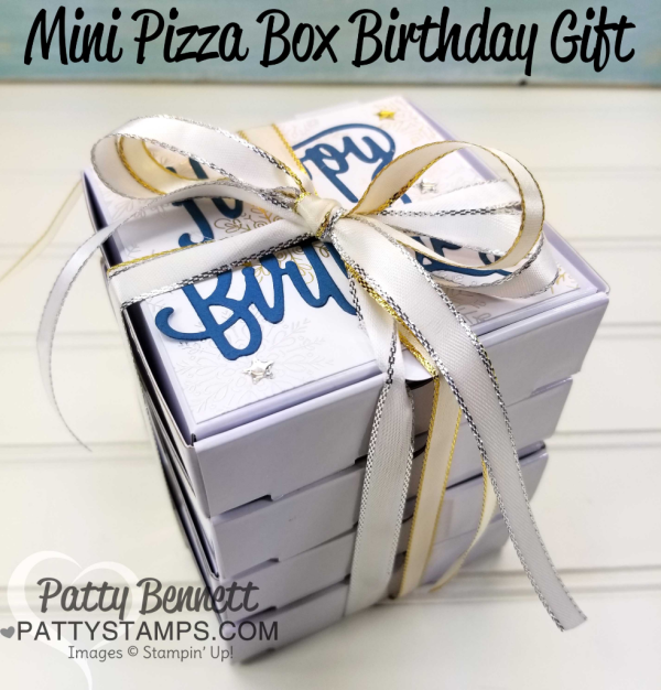 Stampin' UP! mini pizza box stack - special 85th birthday gift with photos and $85 inside by Patty Bennett