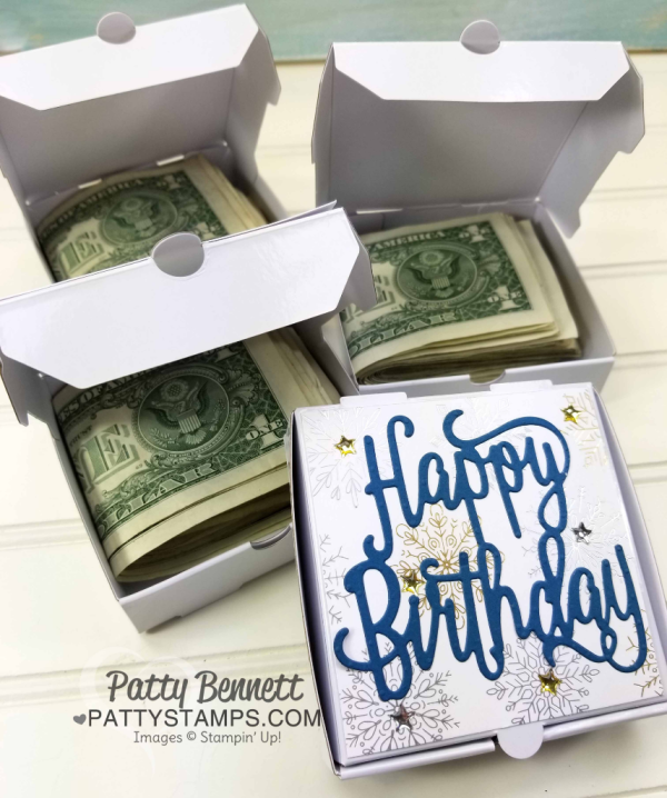 Stampin' UP! mini pizza box stack - special 85th birthday gift with photos and $85 inside by Patty Bennett