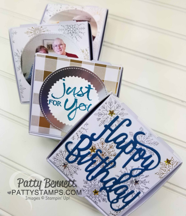 Stampin' UP! mini pizza box stack - special 85th birthday gift with photos and $85 inside by Patty Bennett