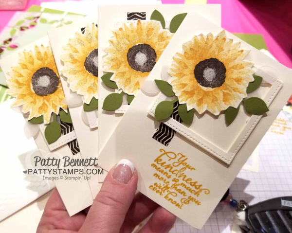 Sunflower Note Card featuring Stampin' UP! Painted Harvest stamp set and leaf punch bundle with Stitched Shape Square frame accent. 