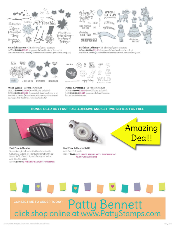 Stampin' Up! Sale!  Note cards with envelopes, stamp sets and great deal on Fast Fuse!  Oct. 1 - 10, 2017!  click shop online at www.PattyStamps.com