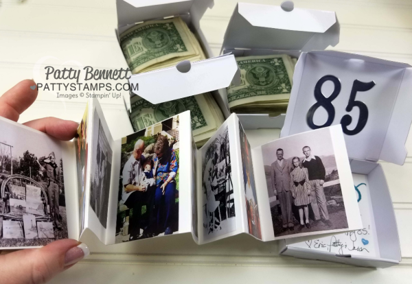 Stampin' UP! mini pizza box stack - special 85th birthday gift with 3x3 photos and $85 inside by Patty Bennett