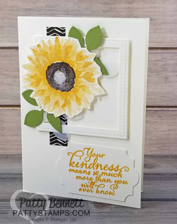 Sunflower Note Card featuring Stampin' UP! Painted Harvest stamp set and leaf punch bundle with Stitched Shape Square frame accent. 