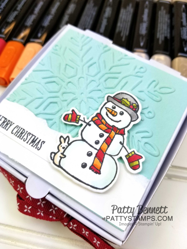 Seasonal Chums snowman colored with Stampin' Up! Stampin' Blends markers on a darling Mini Pizza Box. Christmas gift box idea by Patty Bennett Seasonal Chums snowman colored with Stampin' Up! Stampin' Blends markers on a darling Mini Pizza Box. Christmas gift box idea by Patty Bennett