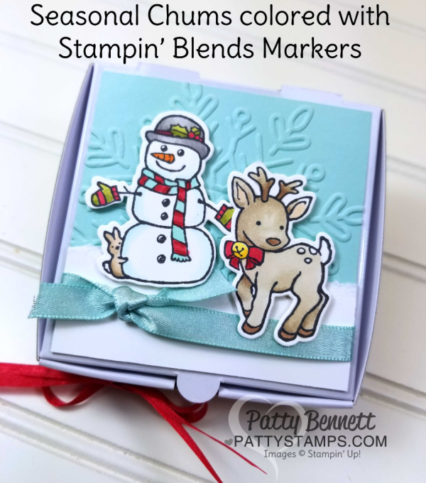 Seasonal Chums snowman colored with Stampin' Up! Stampin' Blends markers on a darling Mini Pizza Box. Christmas gift box idea by Patty Bennett Seasonal Chums snowman colored with Stampin' Up! Stampin' Blends markers on a darling Mini Pizza Box. Christmas gift box idea by Patty Bennett