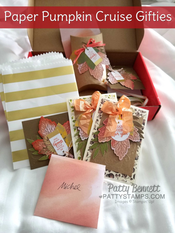 Stampin' UP! September Paper Pumpkin kit cards and pillow boxes, for our Royal Caribbean cruise cabin steward and waiters. by Patty Bennett