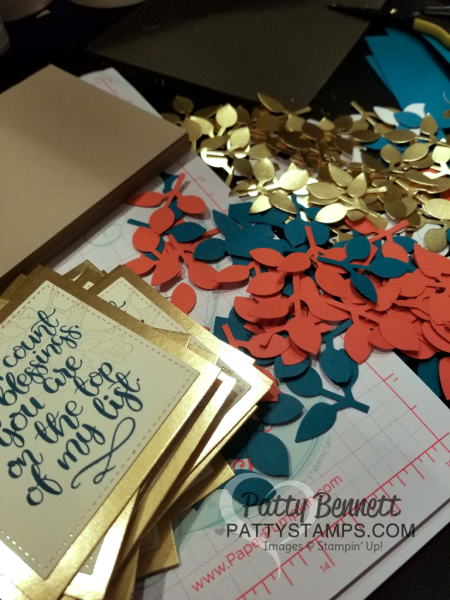 Stamping supplies for Count My Blessings thankful card idea featuring Stampin' UP! 2017 Holiday catalog products.  Leaf Punch and Layering Leaves embossing folder are a great duo!  