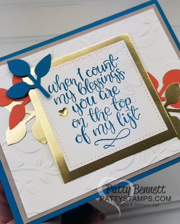 Count My Blessings thankful card idea featuring Stampin' UP! 2017 Holiday catalog products.  Leaf Punch and Layering Leaves embossing folder are a great duo!  