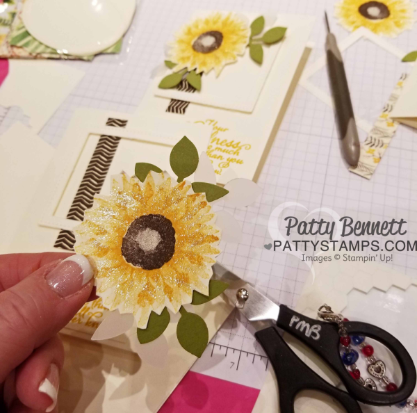 Sunflower Note Card featuring Stampin' UP! Painted Harvest stamp set and leaf punch bundle with Stitched Shape Square frame accent. 