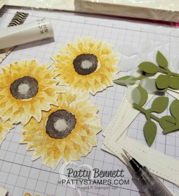Sunflower Note Card featuring Stampin' UP! Painted Harvest stamp set and leaf punch bundle with Stitched Shape Square frame accent and clear Wink of Stella accent. 