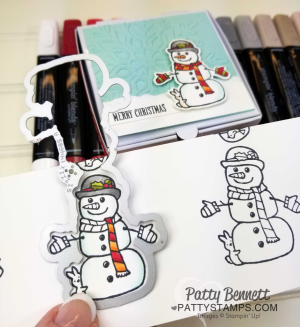 Seasonal Chums snowman colored with Stampin' Up! Stampin' Blends markers on a darling Mini Pizza Box. Christmas gift box idea by Patty Bennett Seasonal Chums snowman colored with Stampin' Up! Stampin' Blends markers on a darling Mini Pizza Box. Christmas gift box idea by Patty Bennett