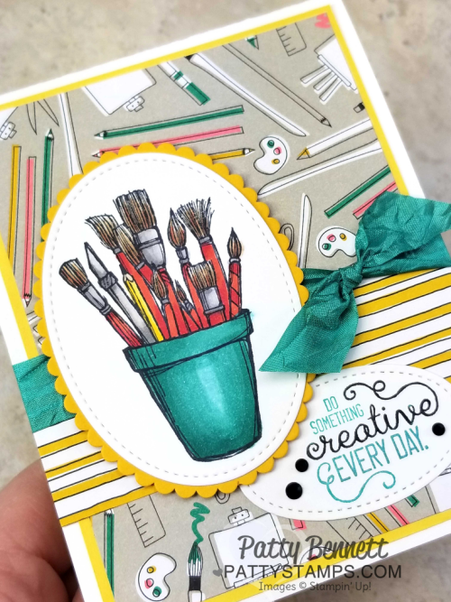 Stampin' Up! Crafting Forever stamp set colored with Stampin' Blends alcohol markers, and paired with Pick a Pattern designer paper. Cards by Patty Bennett