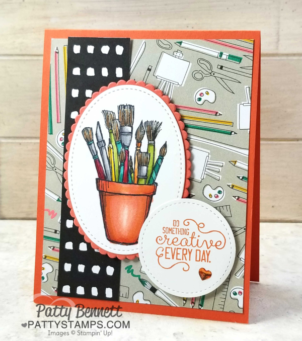 Stampin' Up! Crafting Forever stamp set colored with Stampin' Blends alcohol markers, and paired with Pick a Pattern designer paper. Cards by Patty Bennett
