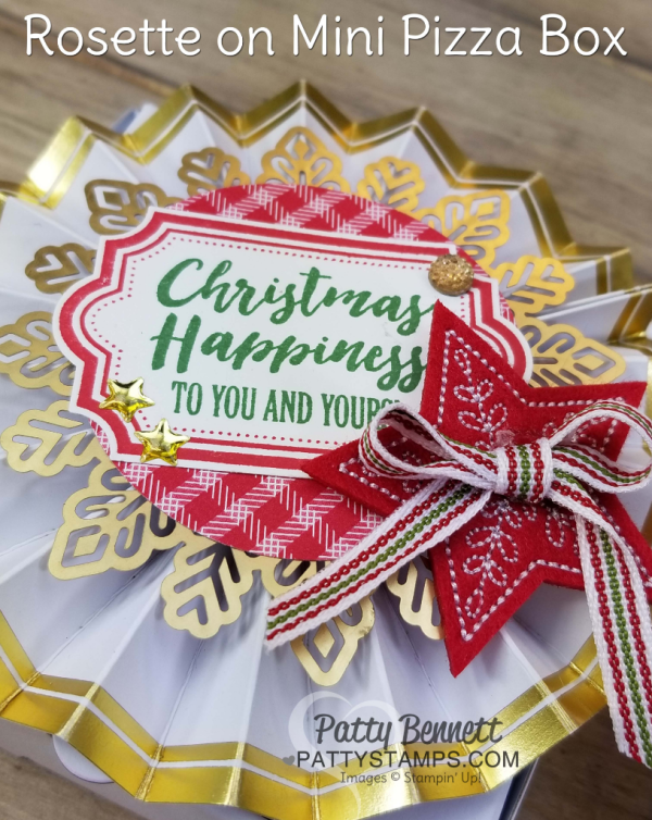 Stampin' UP! mini pizza box gift idea with Be Merry rosette ornament on top. Perfect for gift giving: cookies, candy, gift cards, jewelry, notes, photos and more! by Patty Bennett