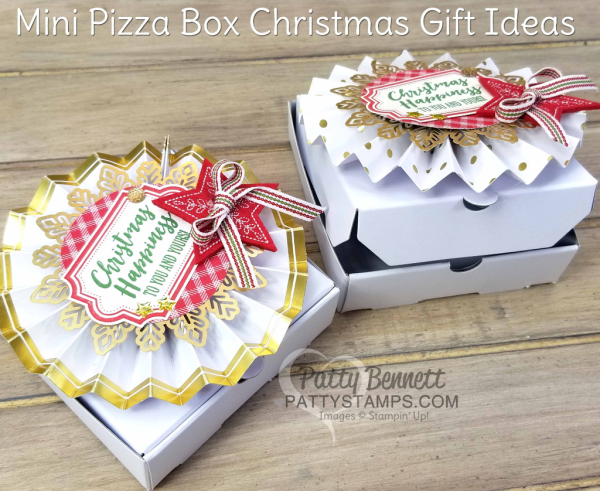Stampin' UP! mini pizza box gift idea with Be Merry rosette ornament on top. Perfect for gift giving: cookies, candy, gift cards, jewelry, notes, photos and more! by Patty Bennett