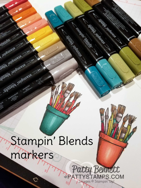 Stampin' Up! Stampin' Blends markers and  Crafting Forever stamp set pot with paint brushes.
