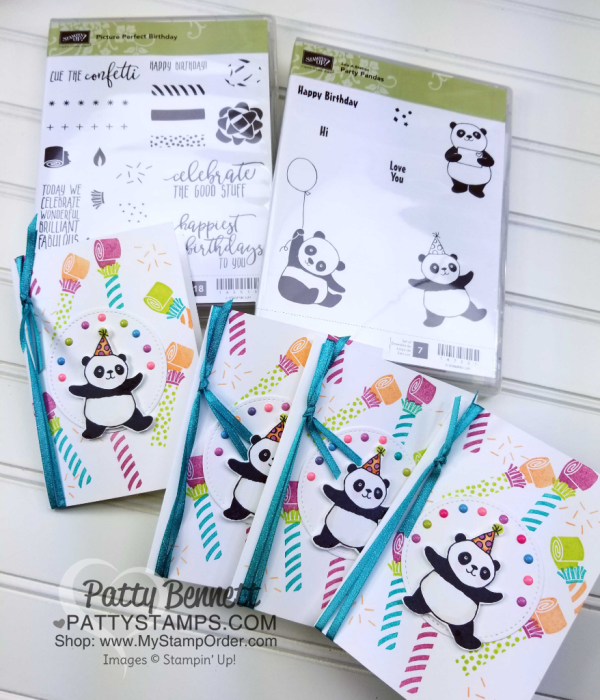 Party Panda celebration card idea featuring Picture Perfect Birthday stamp set from Stampin' Up!  New products for 2018. Card by Patty Bennett
