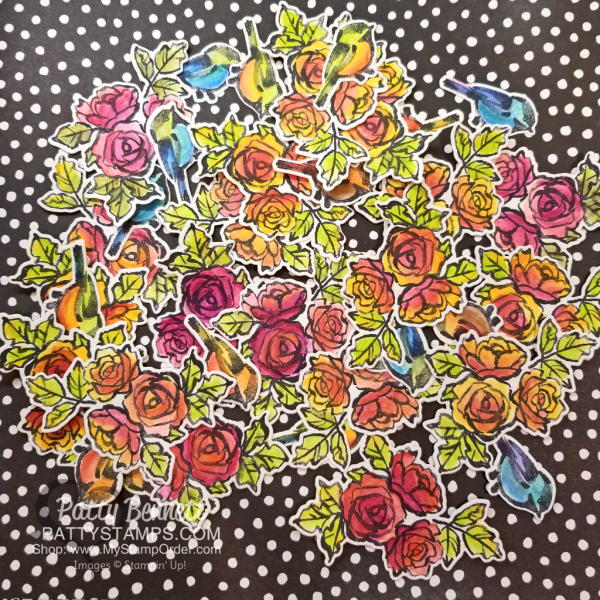 Petal Palette flowers and bird stamped images watercolored with watercolor  pencils and Aqua Painters by Patty Bennett