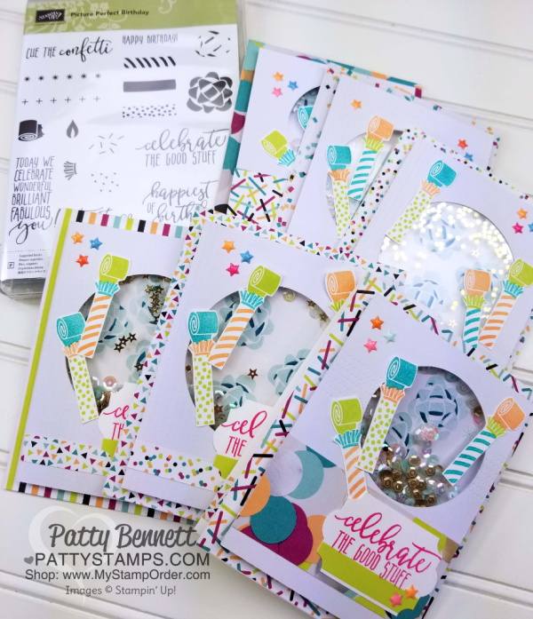 Picture Perfect Party shaker cards by Patty Bennett featuring 2018 Stampin' UP! Occasions catalog products.