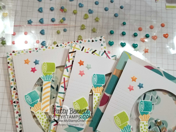 Use colorful enamel shapes on the Picture Perfect Party shaker cards by Patty Bennett featuring 2018 Stampin' UP! Occasions catalog products.