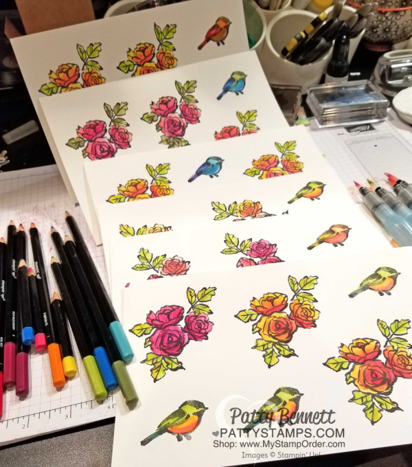 Petal Palette stamp set flowers and birds colored with Stampin' UP! watercolor pencils and Aqua Painters by Patty Bennett