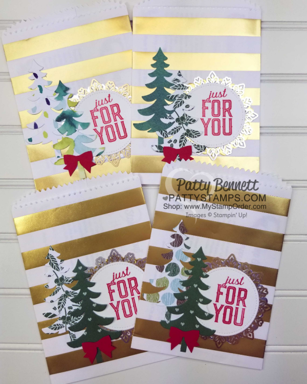 DIY Gold striped Christmas Gift Bags with die cut Santa's Sleigh Christmas Trees for the Luv 2 Stamp Group by Patty Bennett