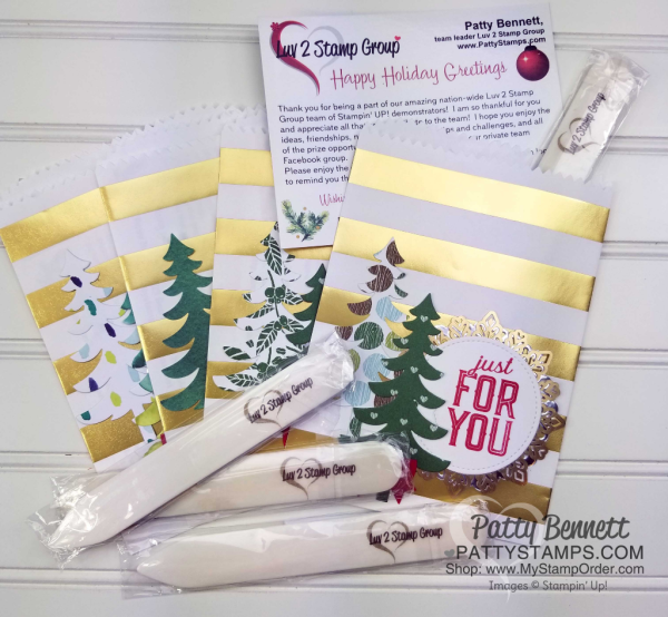 DIY Gold striped Christmas Gift Bags with die cut Santa's Sleigh Christmas Trees and personalized bone folders for the Luv 2 Stamp Group by Patty Bennett