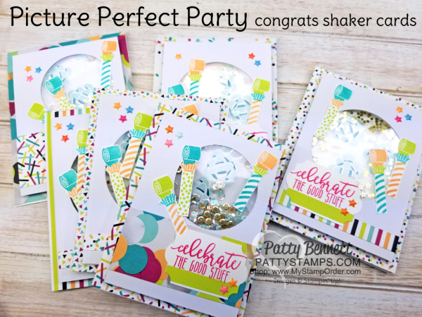 Picture Perfect Party shaker cards by Patty Bennett featuring 2018 Stampin' UP! Occasions catalog products.
