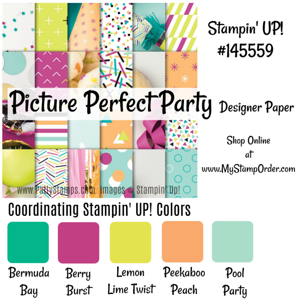 Picture Perfect Party designer paper from the Stampin' UP! 2018 cccasions catalog. shop #145559 online at www.MyStampOrder.com
