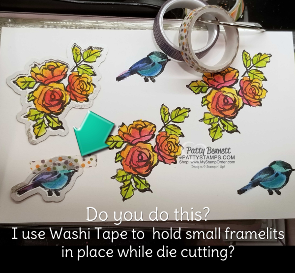 Die cutting tip with Washi Tape for Petal Palette flowers and bird stamped images watercolored with watercolor  pencils and Aqua Painters by Patty Bennett