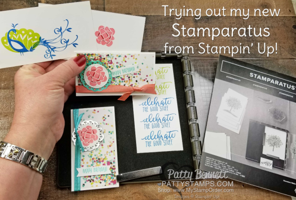 Trying out my new Stamparatus from Stampin' Up! on a Facebook Live video.  Birthday note cards featuring the Picture Perfect Birthday stamp set by Patty Bennett
