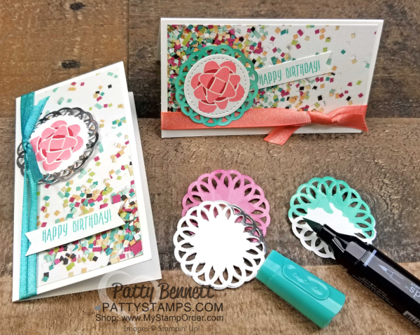 Trying out my new Stamparatus from Stampin' Up! on a Facebook Live video.  Birthday note cards featuring the Picture Perfect Birthday stamp set by Patty Bennett