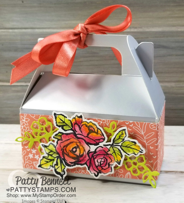 New Mini Silver Gable Box from Stampin' Up! decorated with Petal Palette stamp set, colored with Watercolor Pencils and Aqua Painters by Patty Bennett. Perfect for party favors, shower favor, wedding favor, or birthdays! 