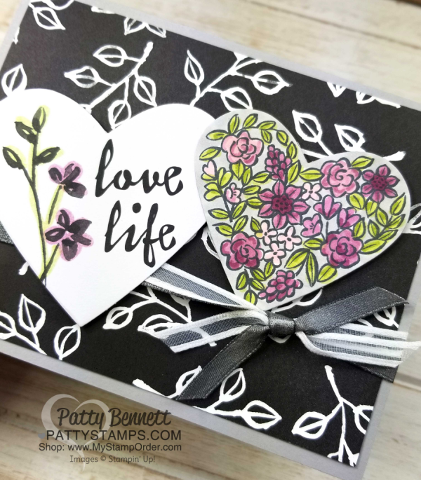 Heart Happiness card idea featuring floral heart stamp colored with Stampin' UP! Stampin' Blends markers. Petal Passion Memories & More card and Petal Passion desgner paper complete this black and white card idea. 