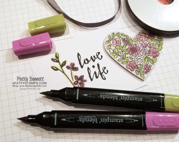 Heart Happiness card idea featuring floral heart stamp colored with Stampin' UP! Stampin' Blends markers. Petal Passion Memories & More card also colored with Stampin' Blends