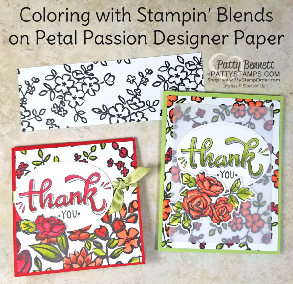 Coloring on black and white Petal Passion designer paper from Stampin' UP! with Stampin' Blends markers.  Flower card ideas by Patty Bennett. 