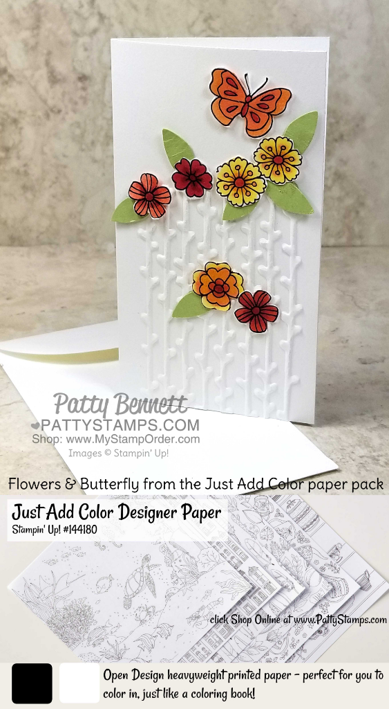 Handmade card idea featuring the Stampin' Up! Petal Pair embossing folder and Narrow Note Cards with Just Add Color designer paper by Patty Bennett Handmade card idea featuring the Stampin' Up! Petal Pair embossing folder and Narrow Note Cards with Just Add Color designer paper by Patty Bennett