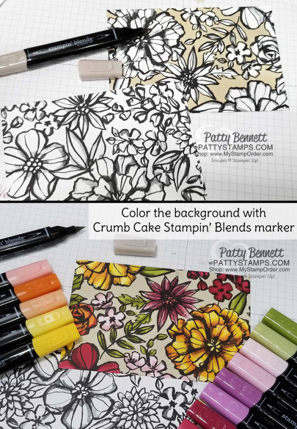 Color the background of the Petal Passion designer paper with a Light Crumb Cake Stampin' Blends marker for a unique effect!