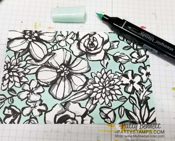 Color the background of the Petal Passion designer paper with a Light Pool Party Stampin' Blends marker for a unique effect!