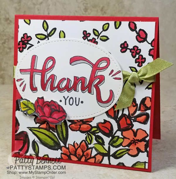 Coloring on black and white Petal Passion designer paper from Stampin' UP! with Stampin' Blends markers.  Flower card ideas by Patty Bennett. 