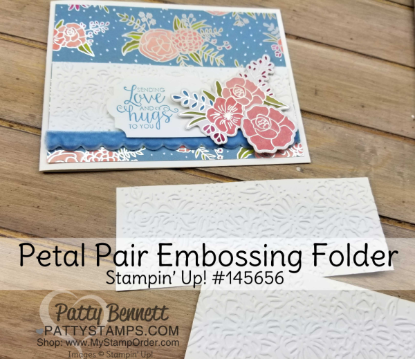 Sweet Soiree flower embellishment card idea featuring Ribbon of Courage love and hugs greeting and Petal Pair embossing folder, from Stampin' Up!