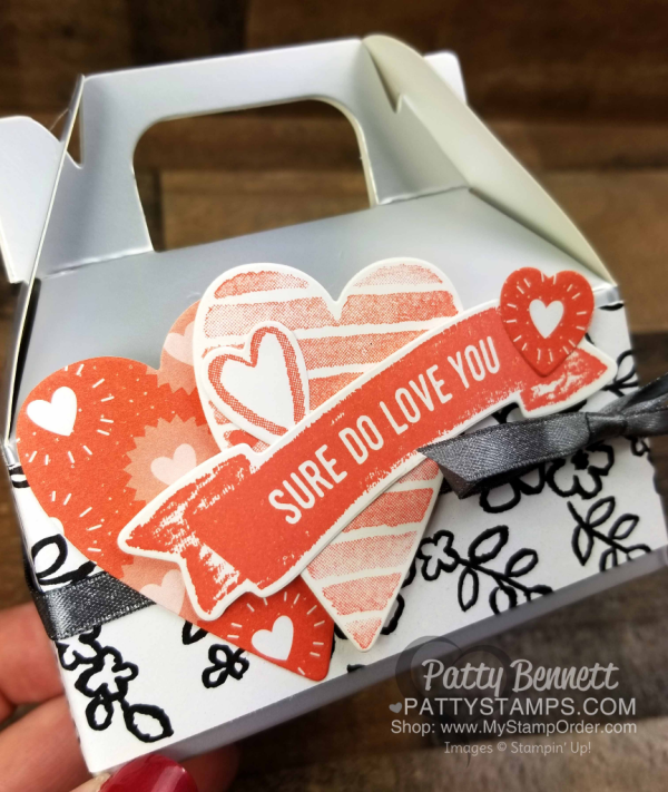 Silver Mini Gable Box decorated with Stampin' Up! Petal Passion designer paper and stamped hearts from the Heart Happiness stamp set. by Patty Bennett