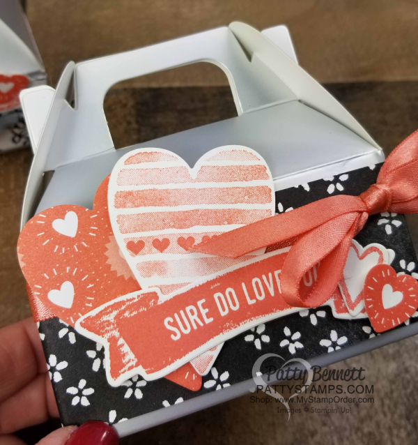 Silver Mini Gable Box decorated with Stampin' Up! Petal Passion designer paper and stamped hearts from the Heart Happiness stamp set. by Patty Bennett