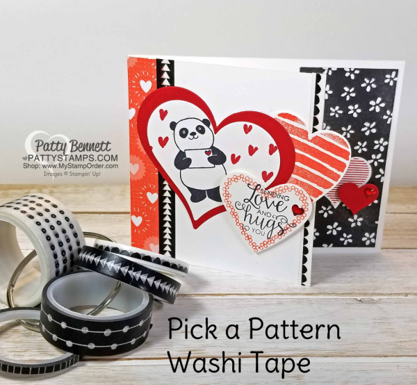 Party Panda heart card perfect for Valentine's day, anniversary, or I Love You! Stampin' UP! 2018 Sale-a-Bration and Occasions catalog products including Heart Happiness and Ribbon of Courage sets and Pick a Pattern Washi Tape. by Patty Bennett Party Panda heart card perfect for Valentine's day, anniversary, or I Love You! Stampin' UP! 2018 Sale-a-Bration and Occasions catalog products including Heart Happiness and Ribbon of Courage sets and Pick a Pattern Washi Tape. by Patty Bennett